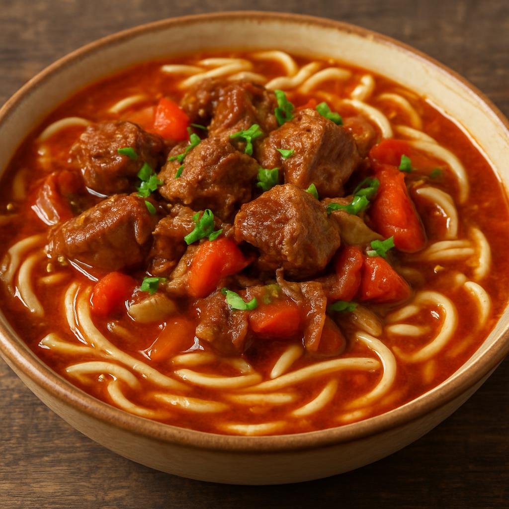 Entree: Tajikistan – National Cuisine – Қовурма лагмон ➤ Qovurma lagmon (Braised lamb and hand-pulled wheat noodles served in a richly spiced Central Asian stew) recipe