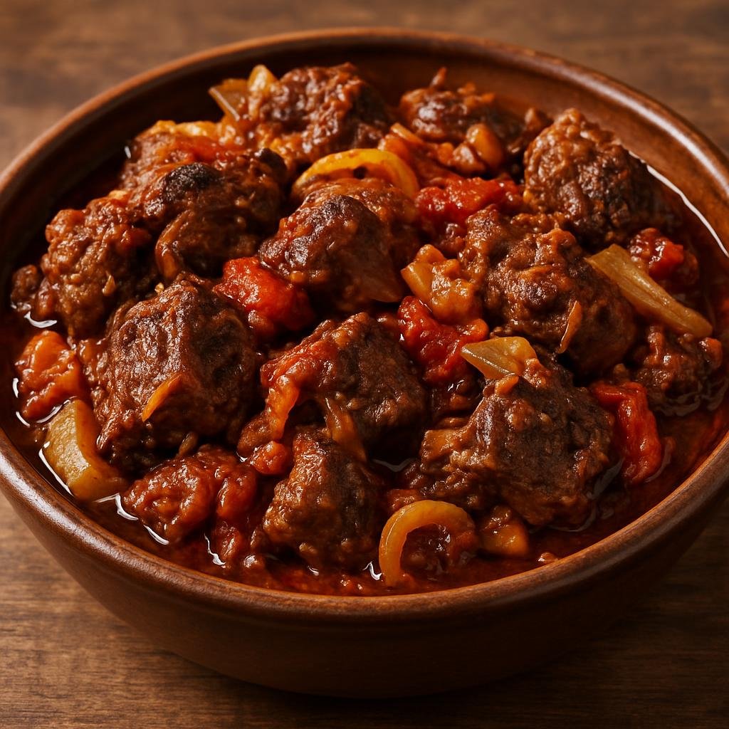 Entree: Turkmenistan – National Cuisine – Kakmach (Hearty Turkmen braised lamb cooked with onions and tomatoes in rendered lamb fat until deeply browned and rich) recipe