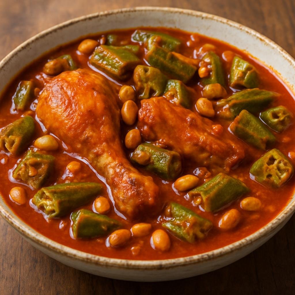 Entree: Angola – Kizaca (Hearty Angolan chicken and okra stew with peanuts and palm oil) recipe