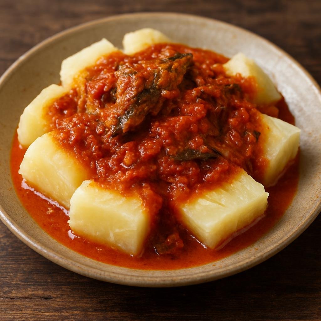 Entree: Gabon – Central Culinary Region – Manioc à la Sauce (Cassava boiled and served with a savory palm-oil and tomato-based sauce often enriched with smoked fish) recipe
