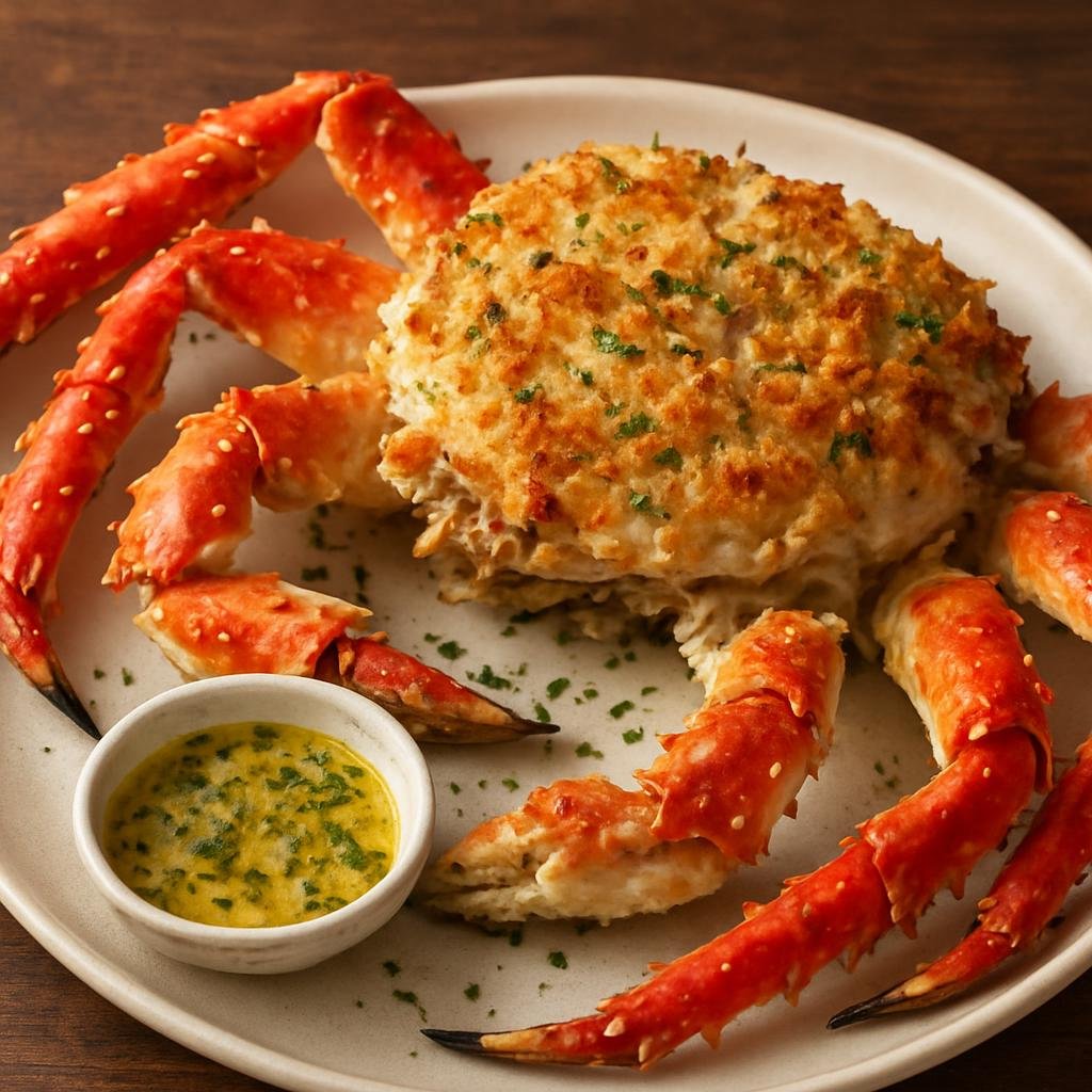 Entree: Bouvet Island – Central Culinary Region – Baked King Crab (Oven-baked king crab served with garlic-herb butter and a golden breadcrumb gratin) recipe
