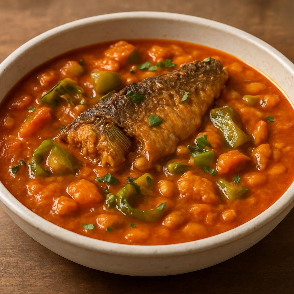 Entree: Gambia – Nyambeh Nyebbeh (A Gambian peanut and tomato stew simmered with fish and vegetables) recipe