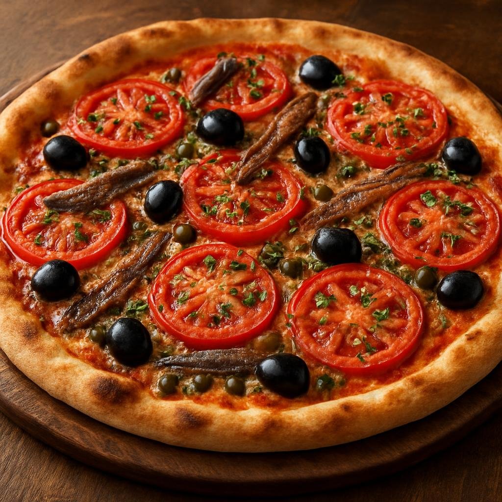 Entree: Gibraltar – Gibraltar-style Pizza (A thin Mediterranean-style pizza topped with tomatoes, anchovies, olives, capers, and local herbs) recipe
