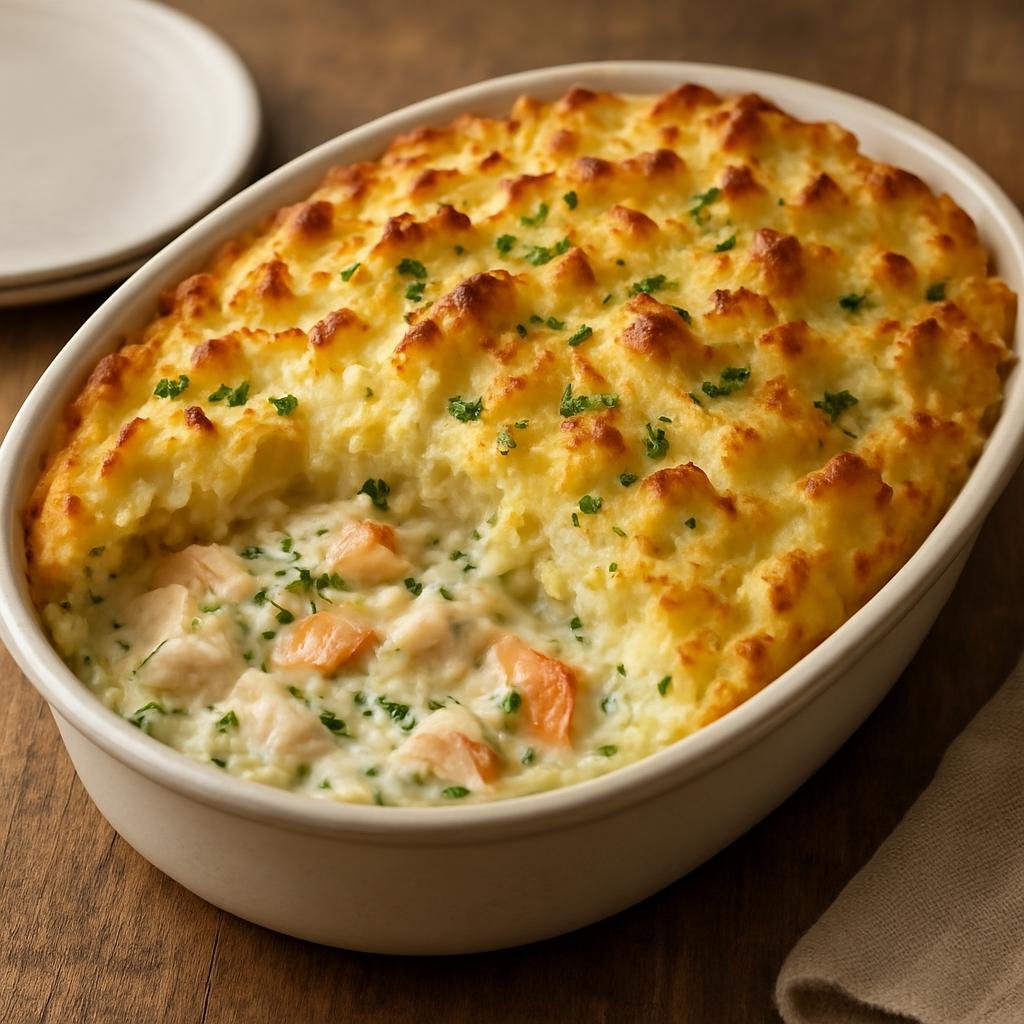 Entree: Guernsey – Guernsey Fish Pie (Baked creamy white fish and smoked fish in a parsley sauce topped with mashed potato) recipe