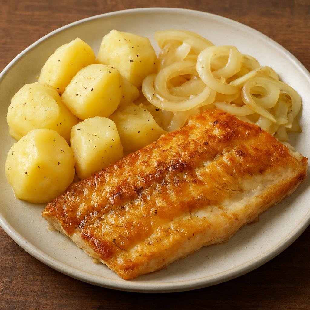 Entree: Iceland – Saltfiskur (Rehydrated salted cod served poached or pan-fried, traditionally paired with potatoes and onions) recipe
