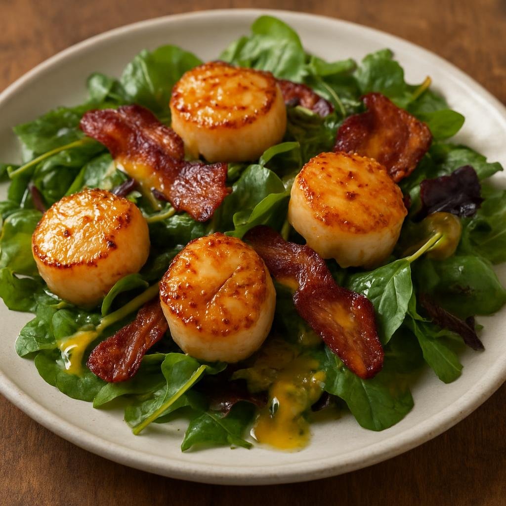 Entree: Isle of Man – Scallop and Bacon Salad (Pan-seared sea scallops and crisp bacon served warm on mixed greens with a mustard-lemon dressing) recipe