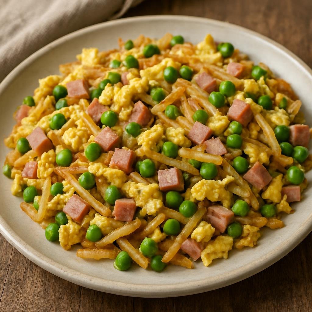 Entree: Uruguay – Revuelto Gramajo (Uruguayan skillet scramble of eggs, matchstick potatoes, diced ham, and peas) recipe