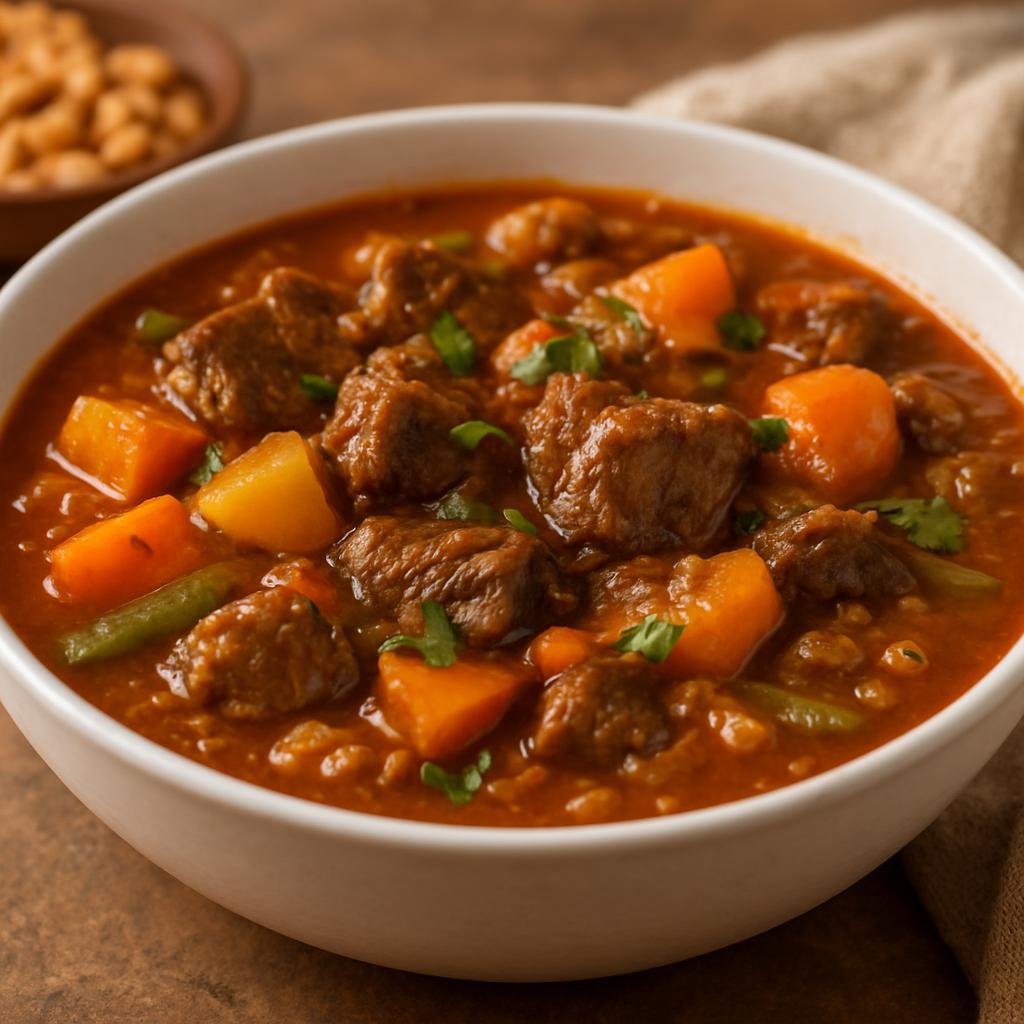 Entree: Zambia – Zambian Beef Stew (Hearty braised beef and vegetables in a savory tomato and peanut-infused sauce) recipe