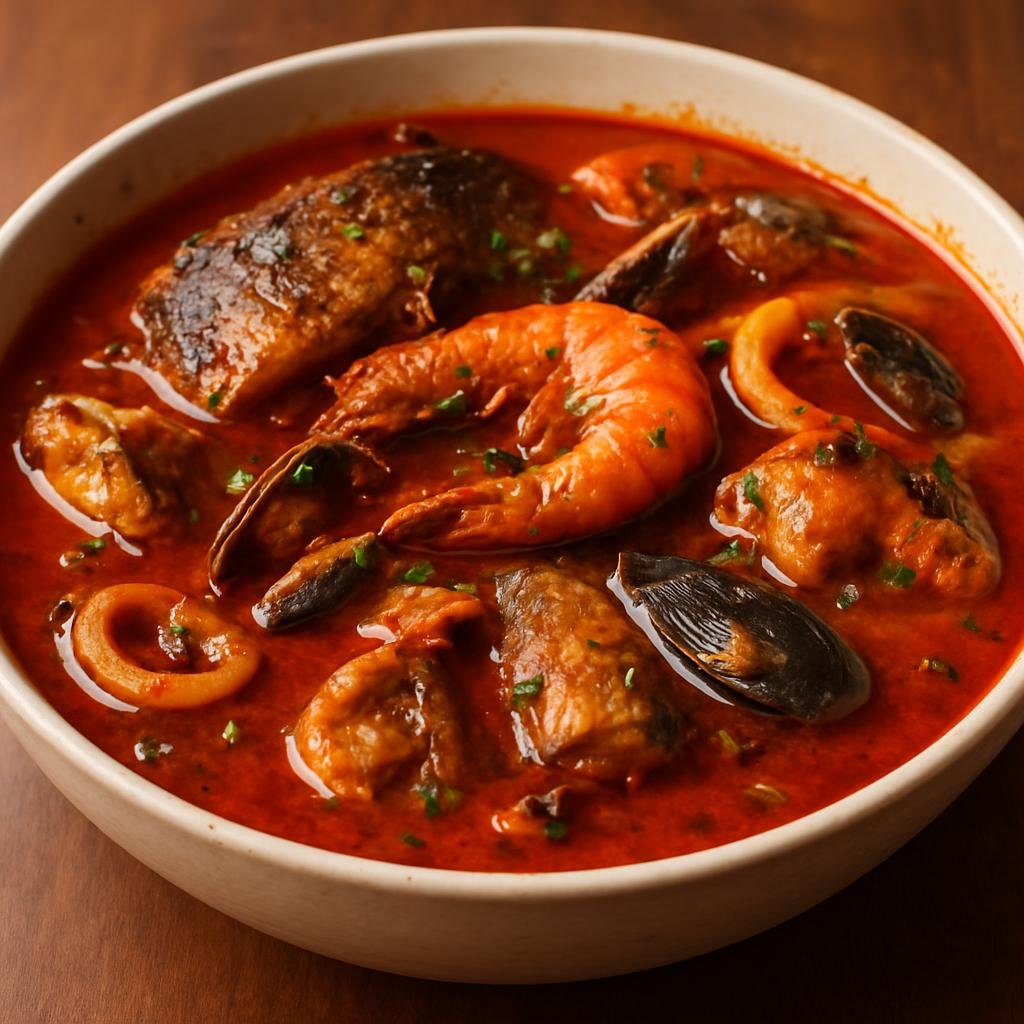 Entree: Nigeria – Calabar / Efik-Ibibio – Fisherman Soup (Efik-style spicy fish and seafood soup in a rich palm oil and tomato broth) recipe