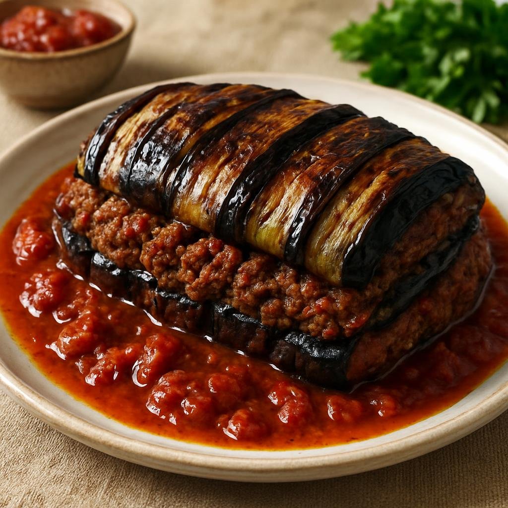 Entree: Turkey – Adana & Cukurova – Patlıcan Kebabı (Grilled eggplant kebab of charred eggplant layered with spiced minced lamb and a tomato-pepper sauce) recipe