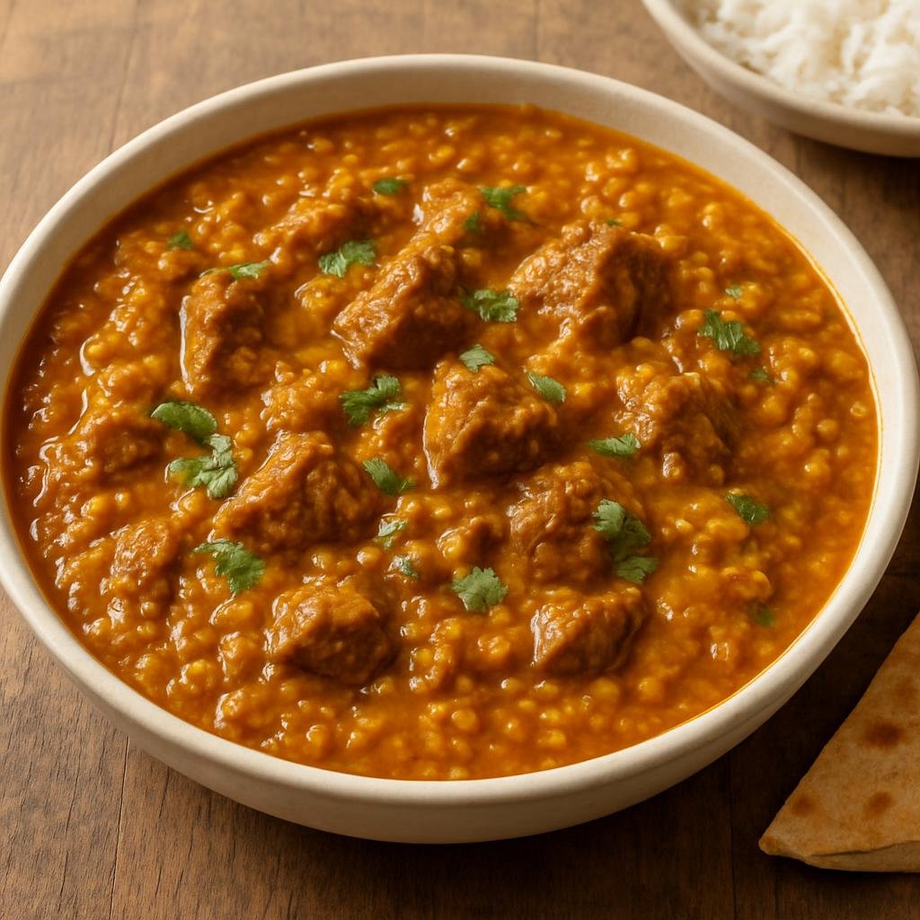 Entree: United Kingdom – British Indian Cuisine – Lamb Dhansak (Hearty curried lamb stew cooked with mixed split lentils and aromatic spices in a sweet-sour style) recipe