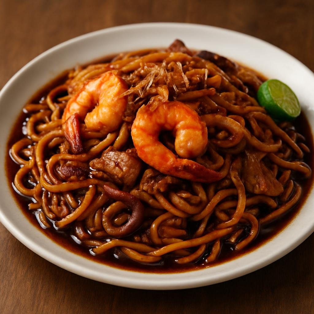 Entree: Malaysia – Kuala Lumpur – Hokkien Mee (Stir-fried thick yellow noodles in a rich dark soy and pork-prawn sauce) recipe