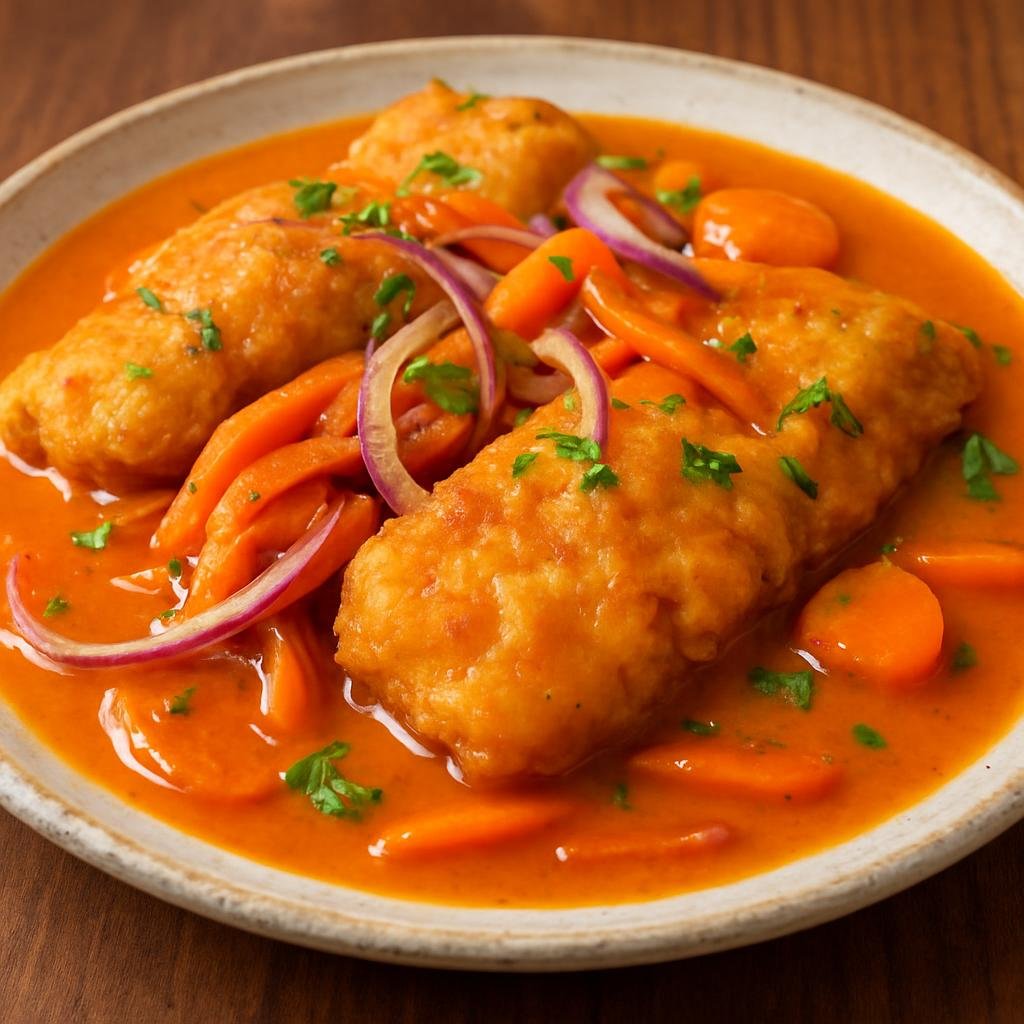 Entree: Peru – Afro-Peruvian – Escabeche de Pescado (Fried white fish served in a warm tangy vinegar and aji amarillo spiced sauce) recipe
