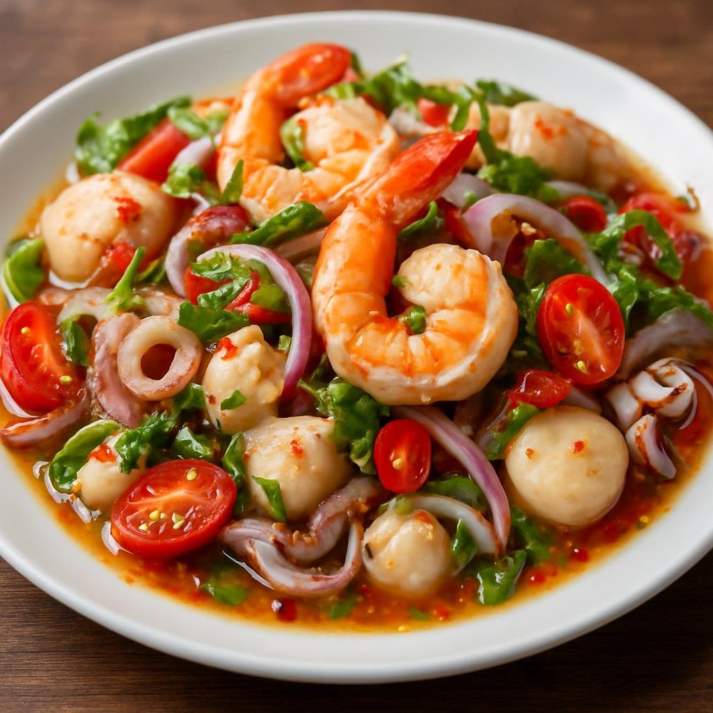 Entree: Thailand – Bangkok Street Food – ยำทะเล ➤ Yam Talay (Spicy Thai mixed seafood salad tossed with lime, chilies, fish sauce, and fresh herbs) recipe