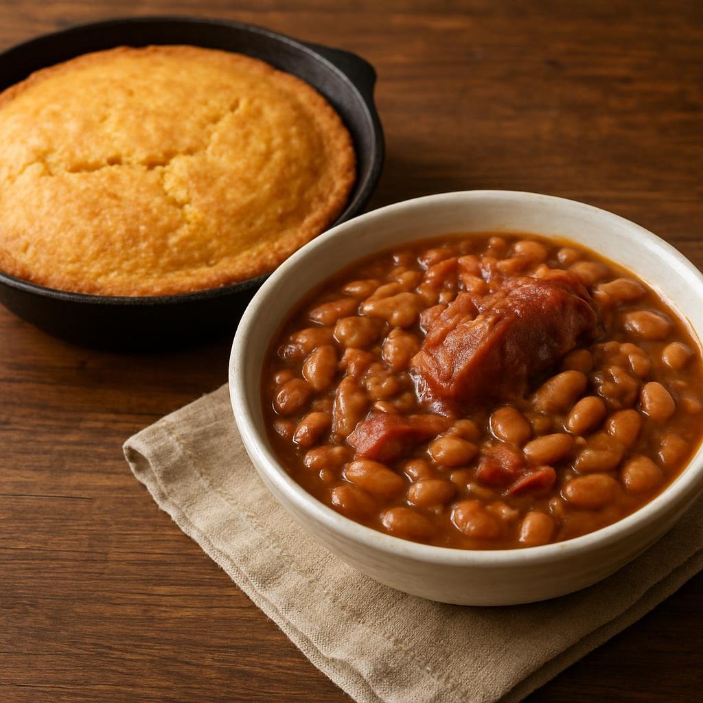 Entree: United States – Appalachia – Cornbread and Beans (Slow-simmered beans cooked with ham hock and aromatics, served with a hot skillet cornbread) recipe