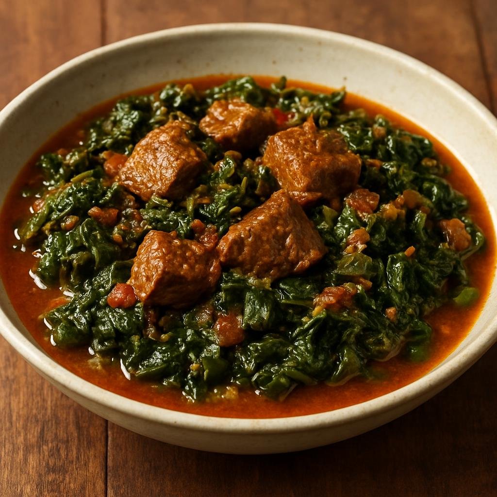 Entree: Kenya – Coastal Swahili Kenya – Sukuma Wiki na Nyama (Braised collard greens cooked with stewed beef in a spiced tomato-onion sauce) recipe