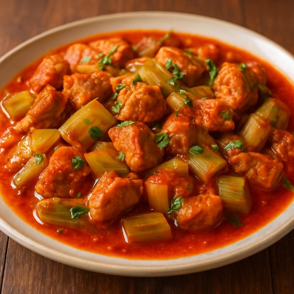 Entree: Bulgaria – Central Culinary Region – Свинско с праз ➤ Svinsko s praz (Pork pieces slowly cooked with leeks in a paprika-tomato braise) recipe