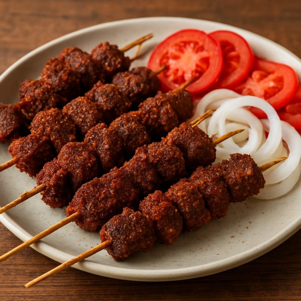 Entree: Cameroon – Central Culinary Region – Suya (Spicy peanut-and-spice coated grilled beef skewers served with onions and tomatoes) recipe