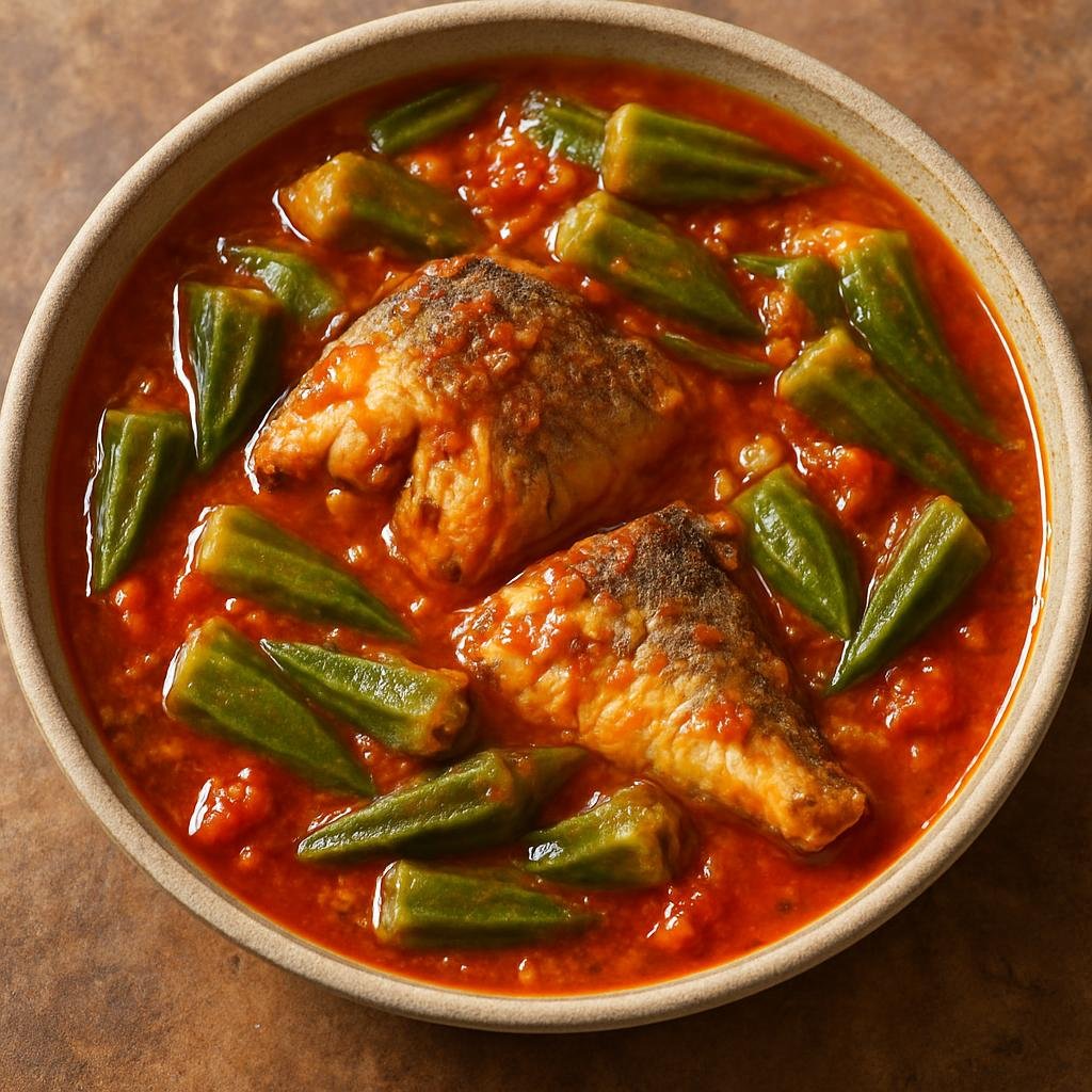 Entree: Senegal – Casamance – Lakhou Khar (Hearty Casamance fish and okra stew simmered in tomato and palm oil broth) recipe