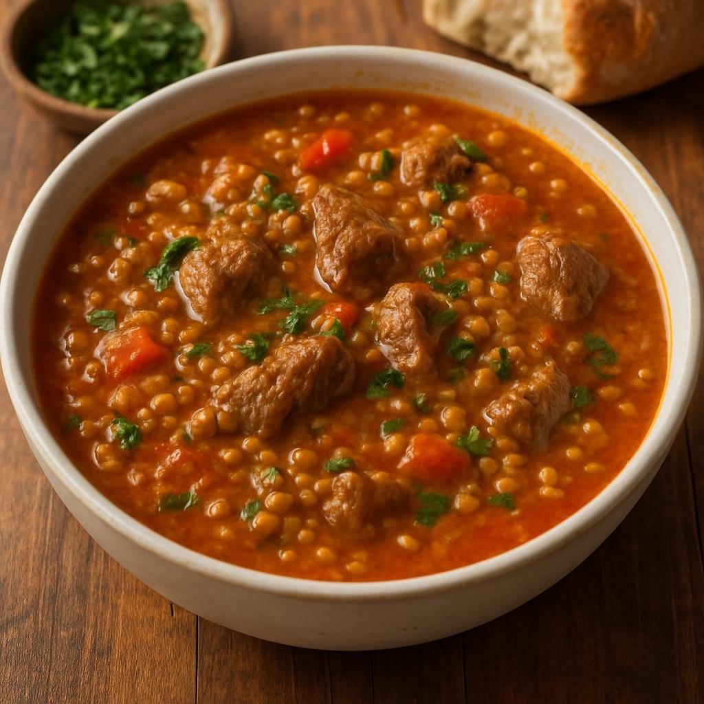 Entree: Tunisia – Djerba – شوربة فريك ➤ Shorba Frik (Hearty Tunisian soup of lamb simmered with cracked green wheat, tomatoes, and warm spices) recipe