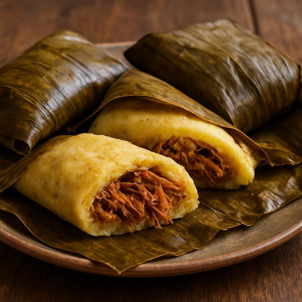 Entree: Guatemala – National Cuisine – Paches (Steamed banana-leaf tamales made from seasoned mashed potatoes filled with savory shredded meat) recipe