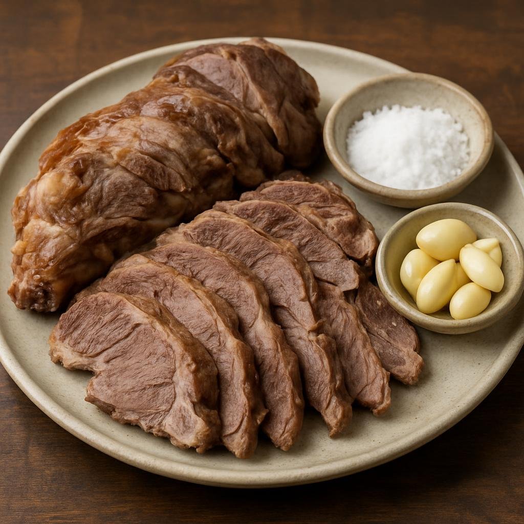Entree: Mongolia – National Cuisine – Чанасан мах ➤ Chanasan makh (Traditionally boiled whole meat served sliced simply with salt and garlic) recipe