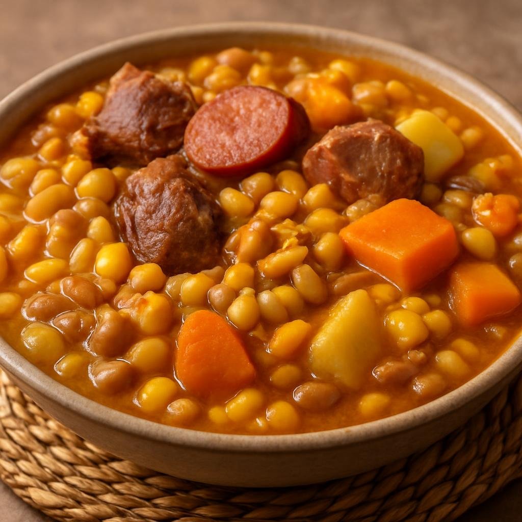 Entree: Mozambique – National Cuisine – Cachupa (Hearty slow-cooked corn and bean stew with meat, sausage, and root vegetables) recipe
