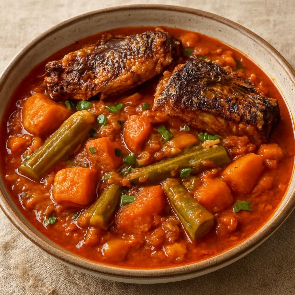 Entree: Liberia – Kittley Torborgee (Hearty Liberian palm-oil stew of smoked fish, vegetables, and groundnut for a savory main course) recipe
