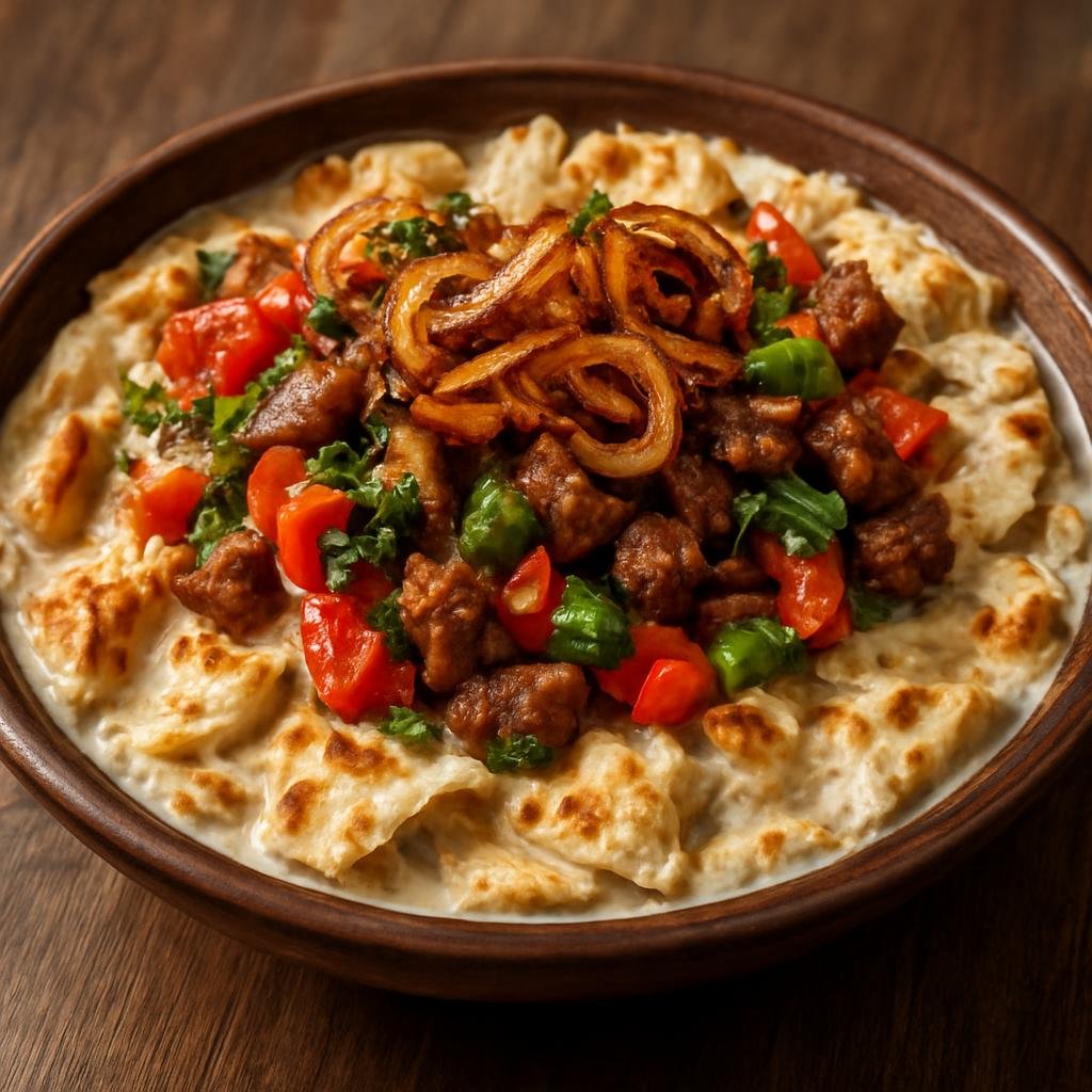 Entree: Tajikistan – Southern Culinary Region – Қурутоб ➤ Qurutob (Torn flatbread soaked in a tangy dried-yogurt sauce topped with fried onions, vegetables, and often meat) recipe