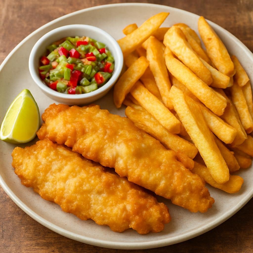 Entree: Nauru – Fish and Chips Nauruan Style (Crispy fried local reef fish in a light coconut-infused batter served with golden potato chips and lime-chili relish) recipe