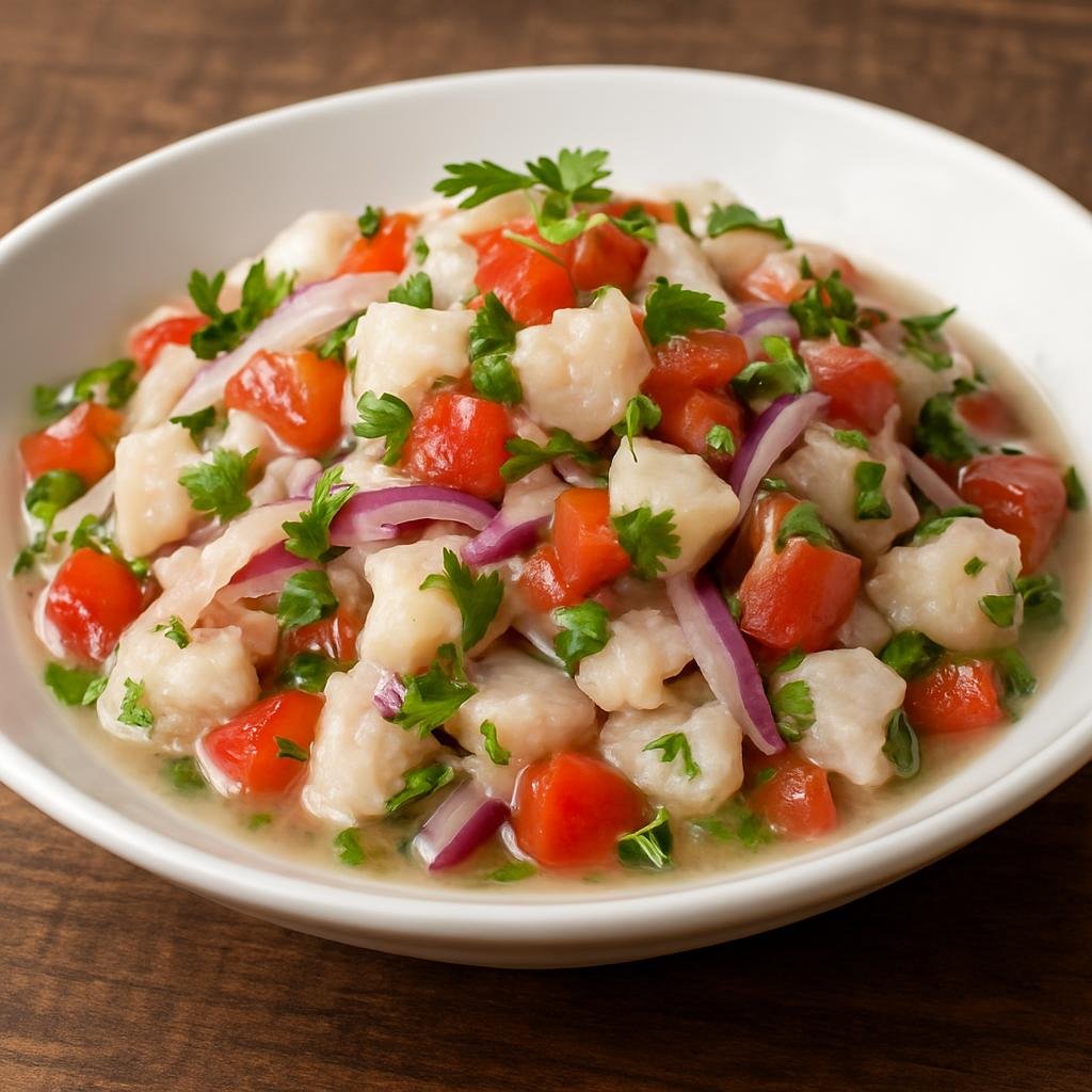 Entree: Panama – Ceviche Panameño (Citrus-cured raw fish tossed with onion, tomato, and cilantro typical of Panama) recipe