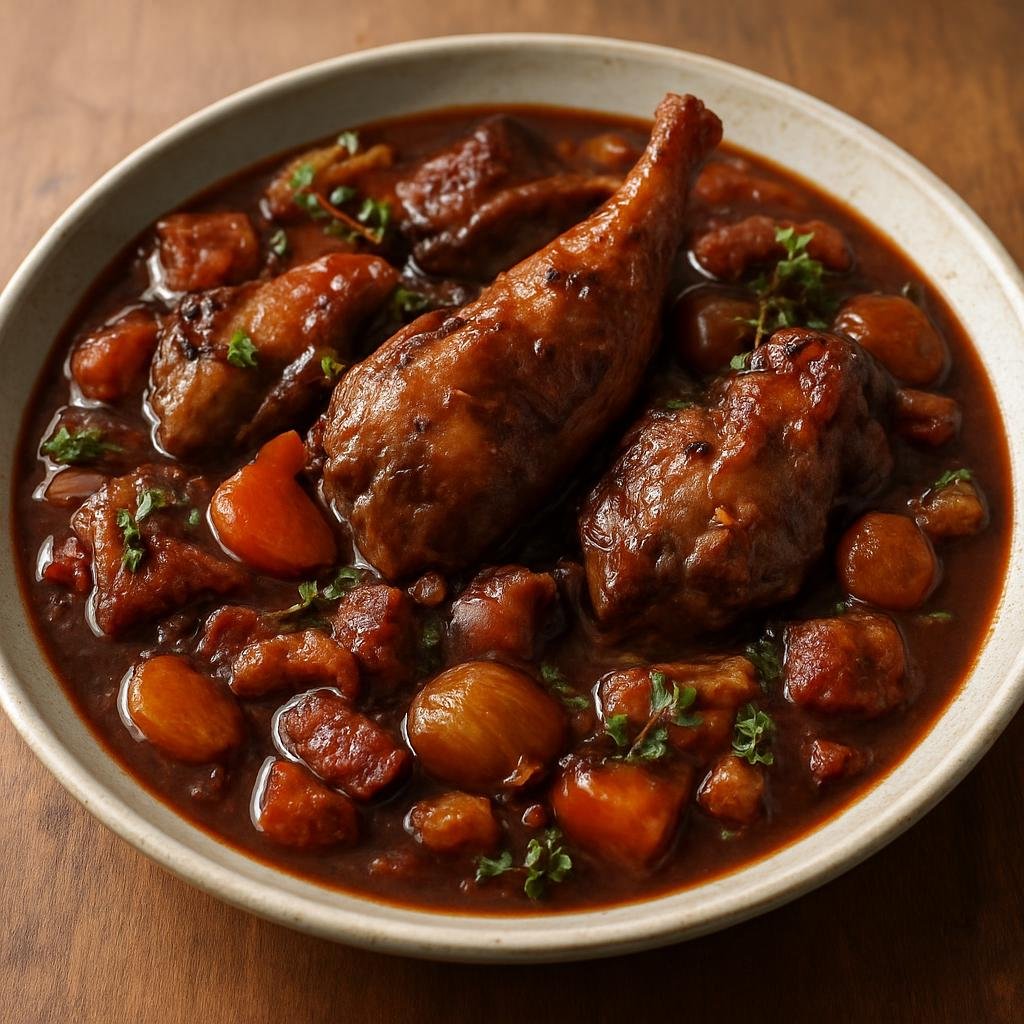 Entree: Réunion – Civet de Lapin (Rabbit stew braised in red wine with bacon and aromatics) recipe