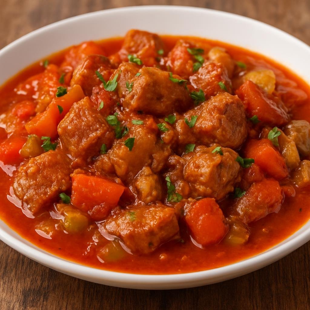 Entree: Saint Barthélemy – Ragout de Porc (Caribbean-style pork stew braised with vegetables in a savory tomato and wine sauce) recipe