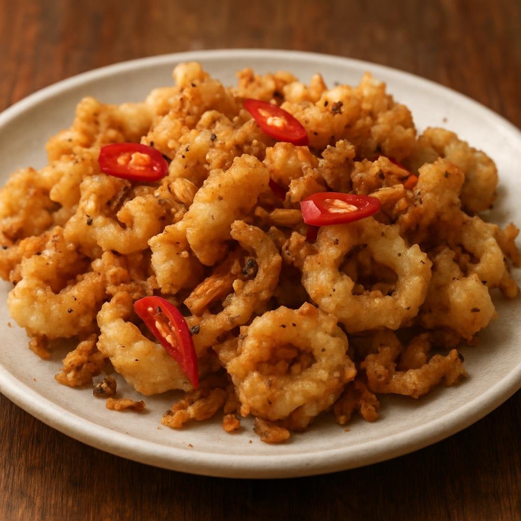 Entree: Taiwan – 椒鹽中卷 ➤ Jiaoyan Zhongjuan (Crispy deep-fried squid pieces tossed with salt, white pepper, and fried garlic and chilies) recipe