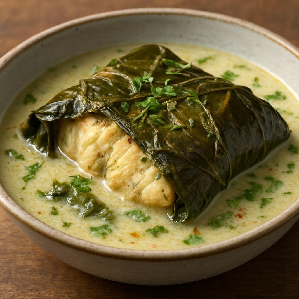 Entree: Tonga – Lupulu Ika (Fish wrapped in taro leaves and cooked with coconut milk) recipe