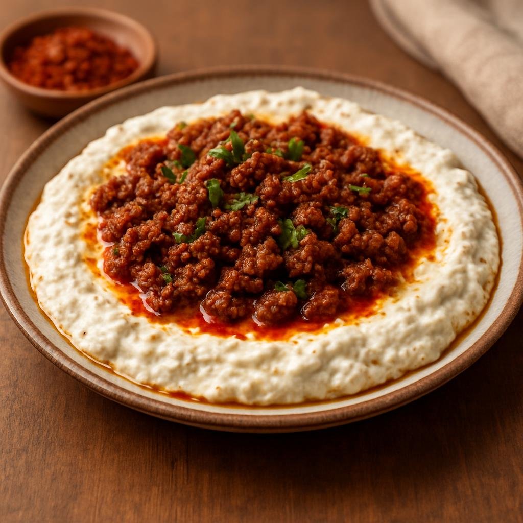 Entree: Türkiye – Alinazik (Smoky roasted eggplant purée mixed with yogurt and topped with spiced minced lamb) recipe
