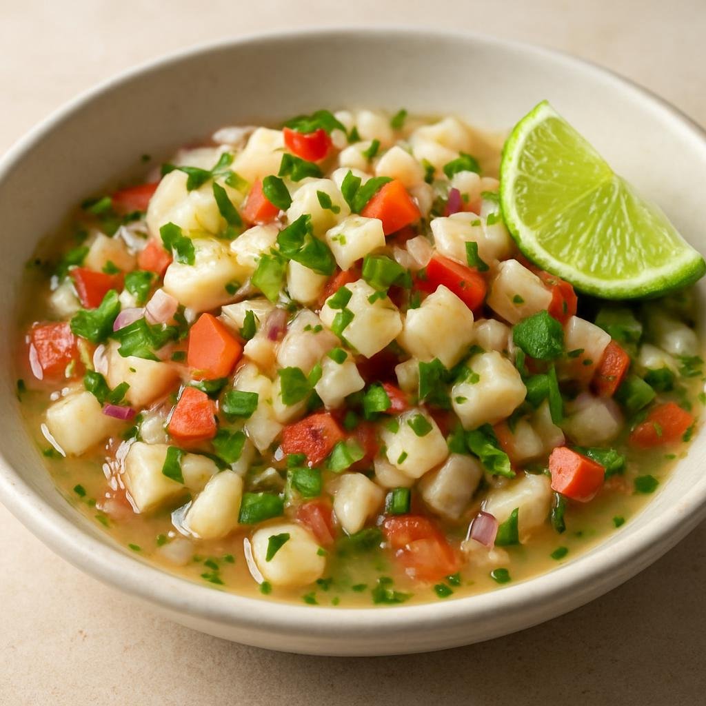 Entree: Turks and Caicos Islands – Conch Salad (Fresh diced conch marinated in citrus with vegetables and herbs) recipe