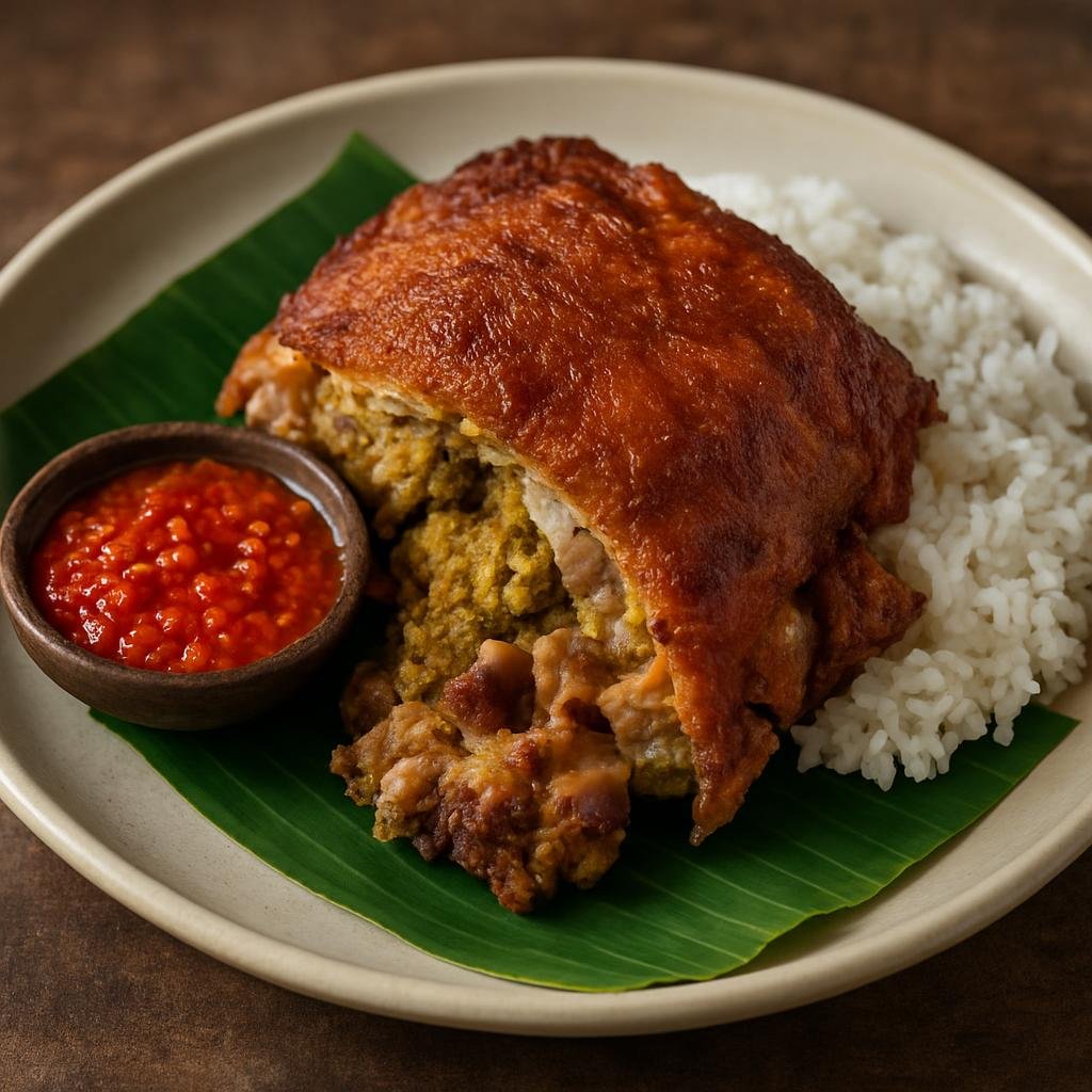 Entree: Indonesia – Bali – Babi Guling (Balinese spit-roasted whole pig rubbed and stuffed with a spiced turmeric and herb paste, served with sambal and rice) recipe