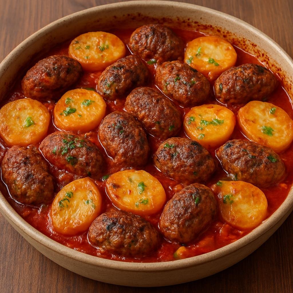 Entree: Turkey – Aegean Turkey – Izmir Köfte (Baked spiced meatballs cooked with tomato sauce and sliced potatoes) recipe