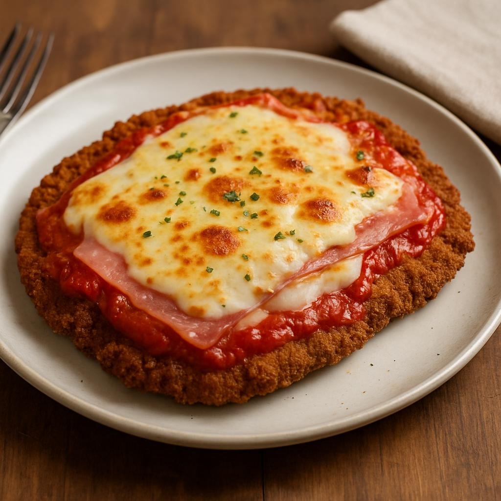 Entree: Argentina – Argentine Italian Cuisine – Milanesa a la Napolitana (Breaded fried beef cutlets topped with tomato sauce, ham and melted cheese then baked) recipe