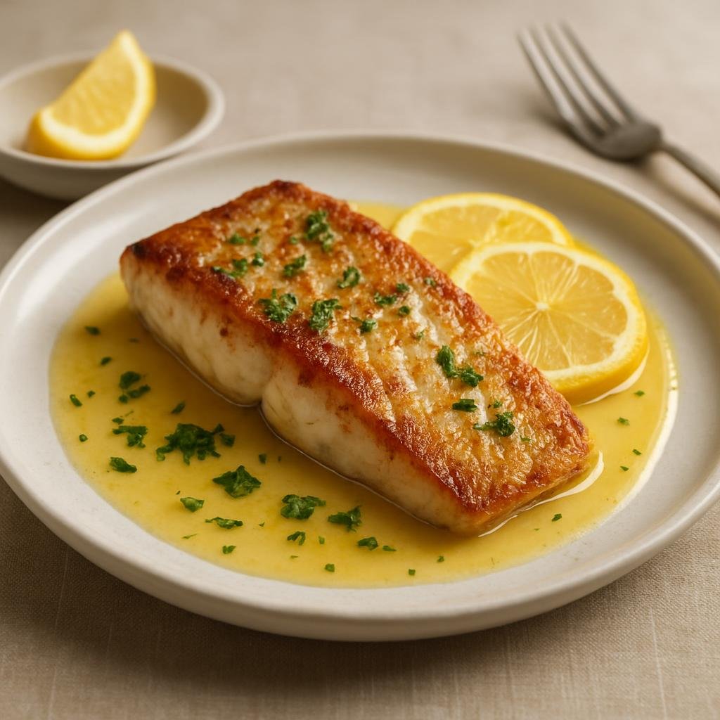 Entree: Australia – Central Culinary Region – Barramundi with Lemon Butter (Pan-seared barramundi fillets finished with a bright lemon and butter sauce) recipe