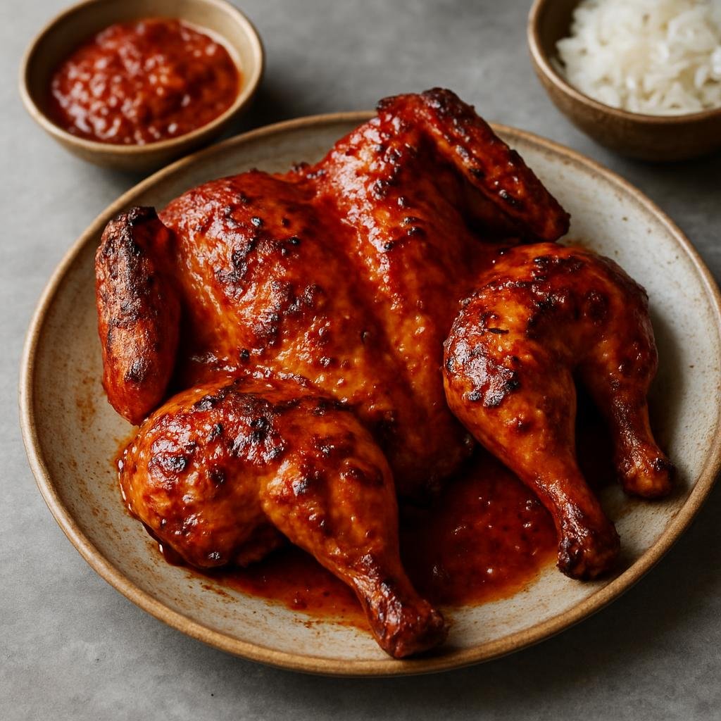 Entree: Malaysia – Malay Peninsula – Ayam Percik (Grilled or roasted spatchcocked chicken in a spiced coconut-milk marinade with a caramelized chili-coconut glaze) recipe