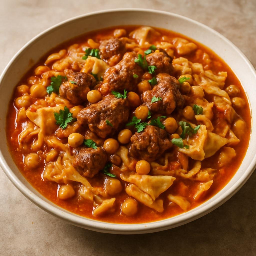 Entree: Algeria – Central Culinary Region – شخشوخة ➤ Chakhchoukha (Torn flatbread soaked in a hearty spiced lamb and tomato stew with chickpeas) recipe