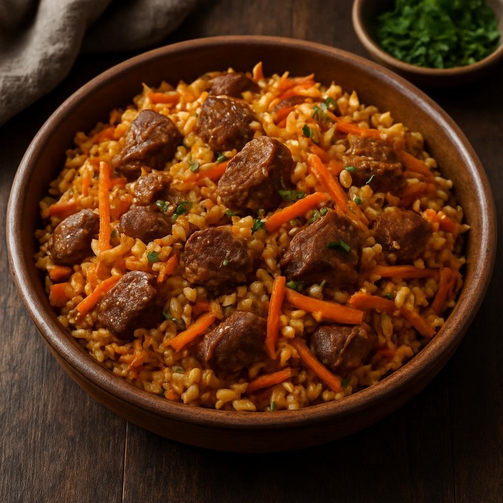 Entree: Azerbaijan – Baku & Absheron – Plov (Aromatic saffron rice pilaf cooked with lamb, caramelized carrots, and warm spices) recipe
