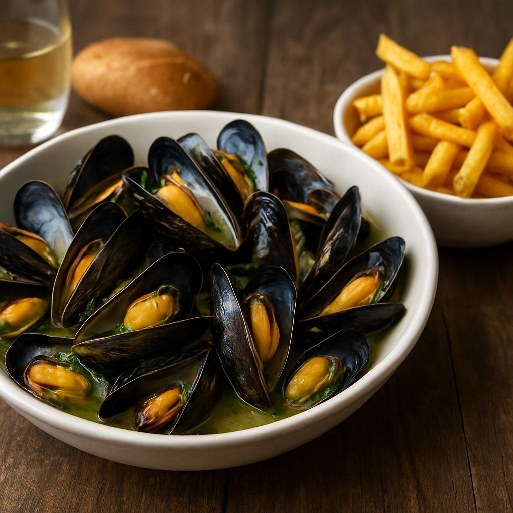 Entree: Belgium – Brussels – Moules-frites (Steamed mussels in a white wine and herb broth served with crispy fried potatoes) recipe