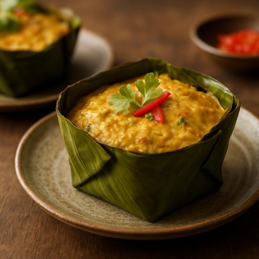 Entree: Cambodia – Coastal Cambodia – អាមុកត្រី ➤ Amok Trey (Steamed coconut curry fish custard cooked in banana leaf) recipe