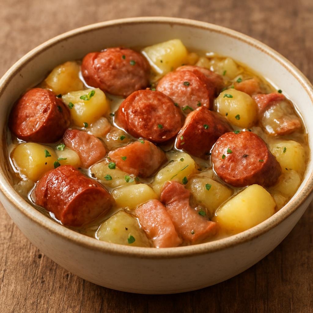 Entree: Ireland – Dublin & East – Dublin Coddle (Hearty slow-simmered Irish stew of sausages, bacon, potatoes, and onions) recipe