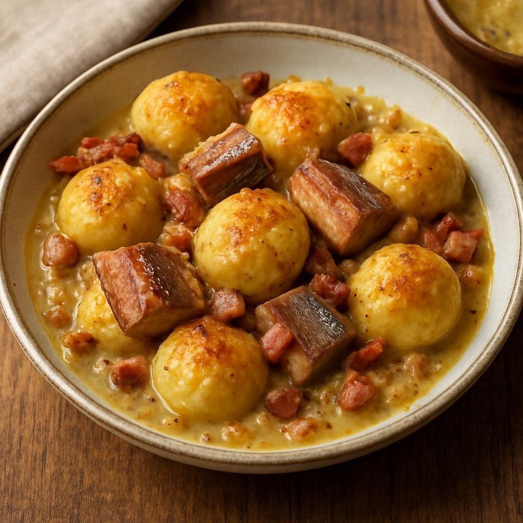 Entree: Netherlands – Friesland – Friese Dúmkes (Small Frisian potato dumplings pan-fried with smoked eel and bacon in a mustard-onion sauce) recipe