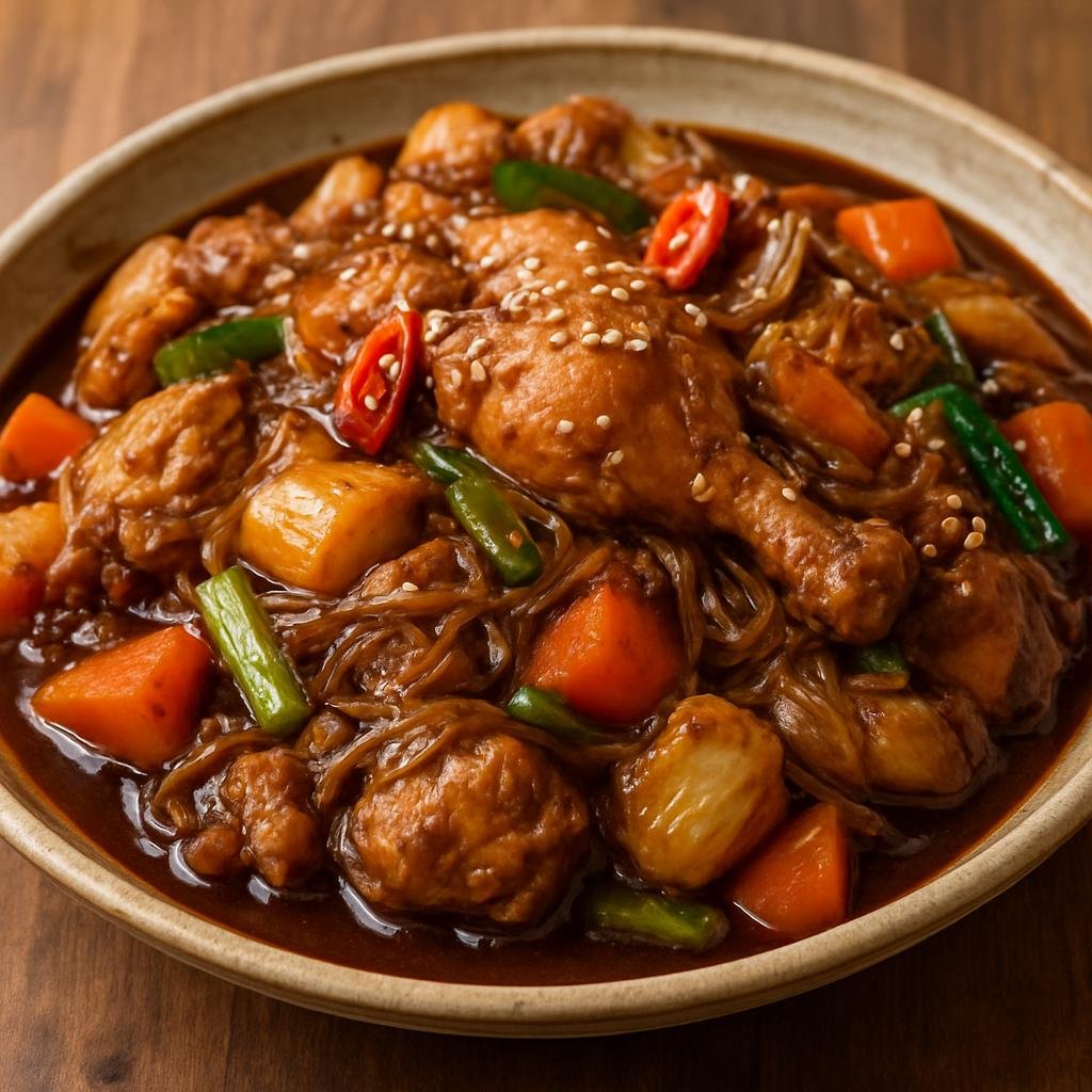 Entree: South Korea – Gyeongsang – 안동찜닭 ➤ Andong jjimdak (Braised Andong-style chicken with vegetables and sweet soy-based sauce and glass noodles) recipe