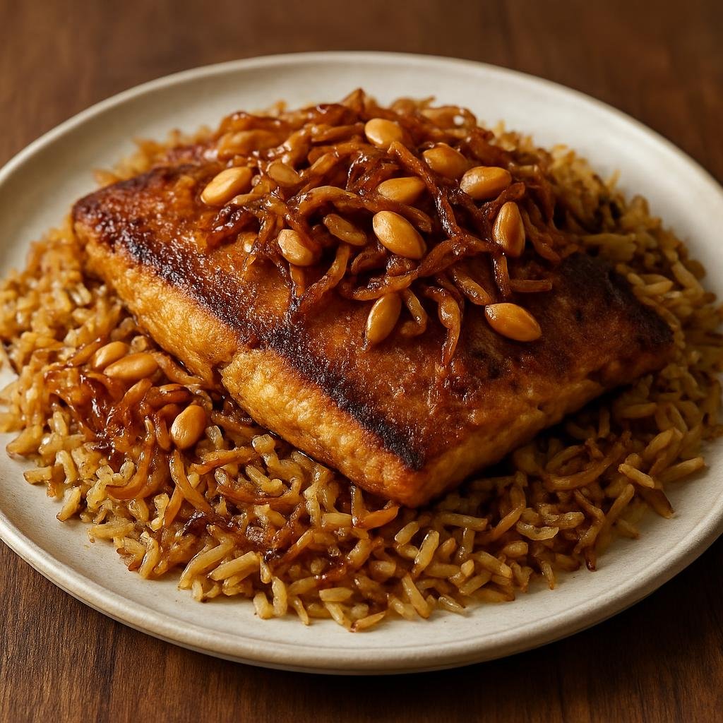 Entree: Syria – Coastal Syria – صيادية ➤ Sayadiyah (Spiced fish pilaf of seasoned rice topped with caramelized onions and toasted nuts) recipe